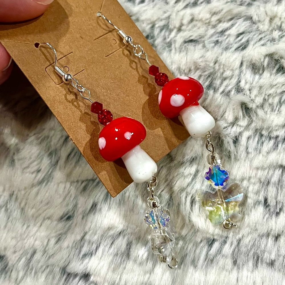 Red Mushroom & Crystal Butterfly Silver Earrings